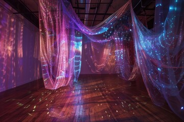 Poster - A person stands mesmerized in front of glowing waves of colored light in a modern art installation at a gallery during an evening exhibition
