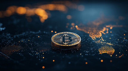 Poster - cinematic close up of digital cryptocurrency coin on dark background, showcasing intricate details and glowing elements, symbolizing future of finance