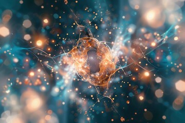 Poster - Vibrant abstract illustration depicting swirling energy and luminous colors in a cosmic setting with bright orbs and light trails, showcasing an otherworldly atmosphere