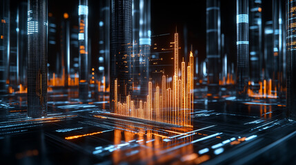 Poster - cinematic 8K frame of digital graph showcasing vibrant orange data visualizations amidst futuristic cityscape. glowing structures create dynamic atmosphere