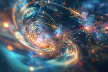Poster - Vibrant abstract illustration depicting swirling energy and luminous colors in a cosmic setting with bright orbs and light trails, showcasing an otherworldly atmosphere
