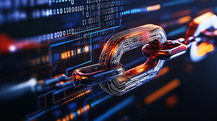 Poster - digital representation of blockchain link, showcasing technology and security. vibrant colors and intricate details highlight importance of digital transactions and data integrity