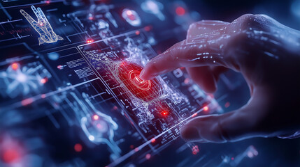 Fototapete - futuristic medical interface with hand interacting with digital data, showcasing advanced technology and research. scene conveys innovation and precision in healthcare