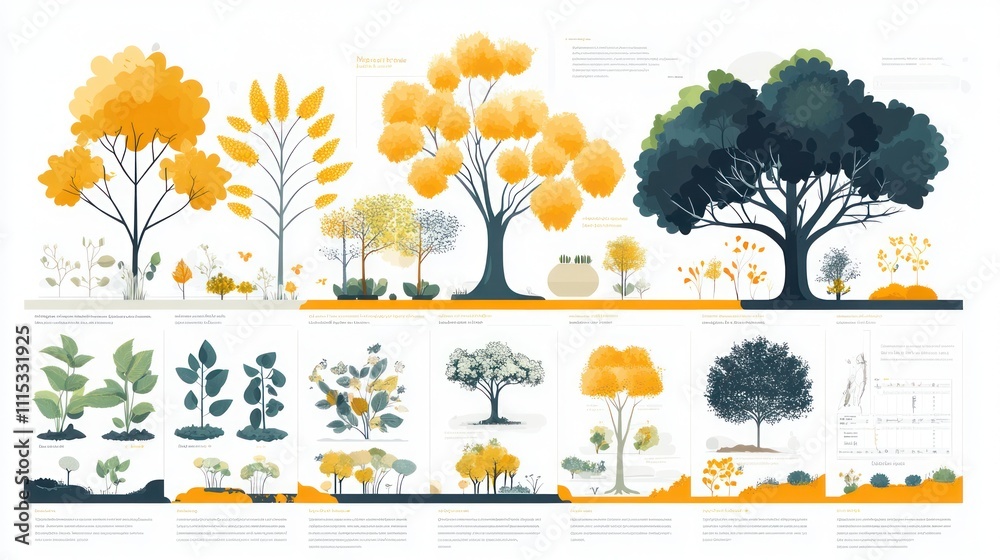 Illustration of various tree species showing different stages of growth ...