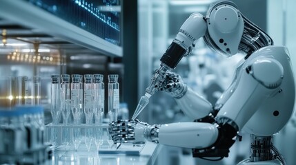 Poster - Innovative robot conducting precise experiments in a modern laboratory setting.