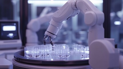 Poster - Robotic arm manipulating test tubes in a modern laboratory setting.