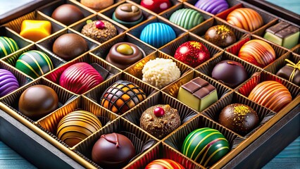 Wall Mural - Luxurious box of vibrant chocolates with colorful coating , gourmet, decadent, exquisite, indulgent, confectionery, sweet