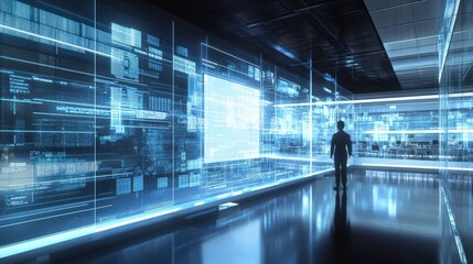 Poster - A figure stands in a futuristic digital workspace filled with holographic displays.