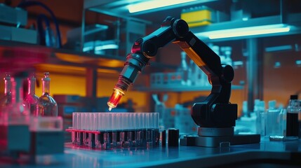 Poster - A robotic arm delicately transfers liquid in a high-tech laboratory environment.