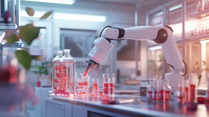 Poster - A robotic arm working in a modern laboratory filled with colorful test tubes.