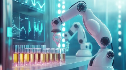 Poster - Advanced robotic arm conducting scientific experiments in a modern laboratory.