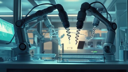 Poster - Advanced robotic arms working in a high-tech laboratory environment.