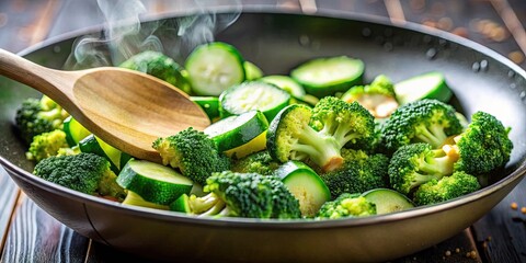 Close up of broccoli and zucchini being stirred in oil in a frying pan, vegetables, cooking, healthy, nutrition, skillet