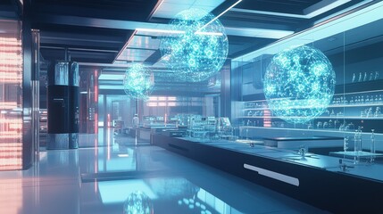 Poster - Futuristic laboratory with glowing holograms and sleek, modern design.