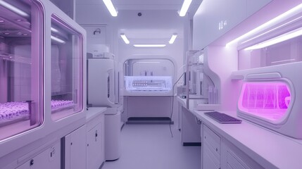 Poster - Futuristic laboratory with purple lighting and advanced equipment for scientific research.