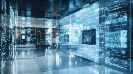 Poster - Futuristic technology room featuring digital screens and data visualization.