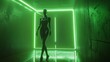 © Snowstudio - green neon light with silhouette of futuristic woman in black latex suit standing inside, on dark background