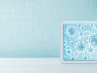 Aufkleber - Modern Laboratory Setup with Tablet Displaying Magnified Cells in a Minimalist Style