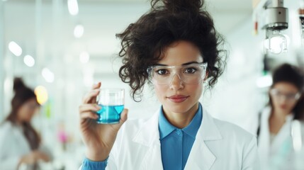Poster - A focused scientist in a lab coat holds a beaker of blue liquid, showcasing curiosity and expertise in a modern laboratory setting.