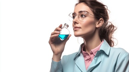 Poster - A woman in a lab coat holds a blue liquid in a flask, showcasing a scientific experiment or research setting.