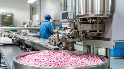Poster - a manufacturing facility with a machine producing pink tablets, showcasing automated processes and q