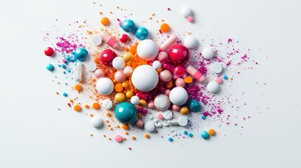 Poster - A colorful assortment of decorative beads and powders scattered on a light surface, creating a vibrant and artistic display.