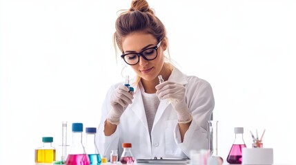 Poster - A focused scientist in a lab coat examines vials of colorful liquids, showcasing a moment of experimentation and research.