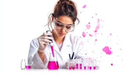 Poster - A scientist in a lab coat conducts an experiment, mixing solutions in a pink liquid, surrounded by test tubes and vibrant splashes of color.
