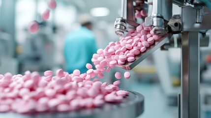 Poster - a close-up view of pink tablets being manufactured and dispensed in a pharmaceutical facility, empha