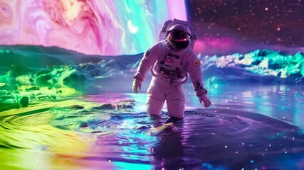 Wall Mural - An astronaut walking through a luminescent colorful organic liquid on an alien planet