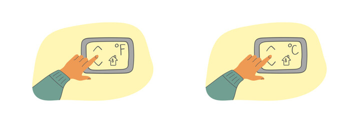 hand adjusting thermostat settings vector illustration. home heating, winter budget concept
