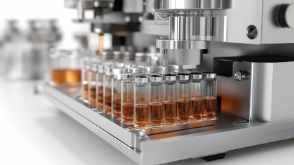 Aufkleber - a close-up view of a laboratory machine processing vials filled with a liquid substance, highlightin
