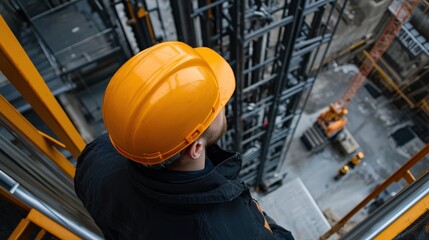 Poster - Worker in a hard hat stands at the base of an elevator shaft, gazing upward, with structural beams and pulley systems in view