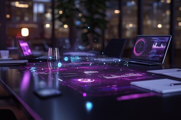 Poster - A futuristic boardroom with holographic screens and data floating mid-air during a meeting