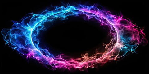 Wall Mural - Abstract neon ring frame with blue-pink light effects, burning fire, and smoke on black background, neon, ring, frame