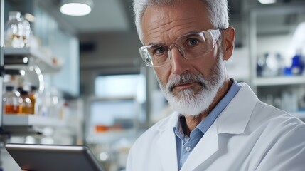 Poster - A serious-looking scientist in a lab coat examines data in a laboratory filled with scientific equipment and glassware.