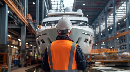 Poster - A man in a safety vest stands in front of a large ship