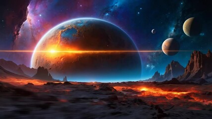 Wall Mural - A dramatic and vivid space scene with detailed cracked surface planets and other celestial bodies