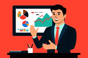 Poster - A person in a suit making a confident presentation in front of a projector screen with sales data.