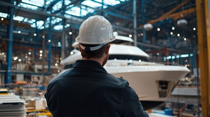 Poster - A construction supervisor wearing a hard hat, inspecting a nearly completed yacht, with his back facing the camera in an industrial shipyard setting