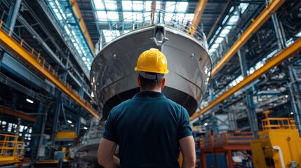 Poster - A construction supervisor wearing a hard hat, inspecting a nearly completed yacht, with his back facing the camera in an industrial shipyard setting