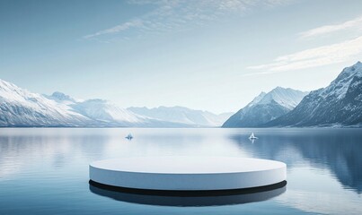 Naklejka na meble A clean, modern product display on a round white exhibition stand, set against a glacier lake backdrop for a refined, commercial e-commerce presentation.