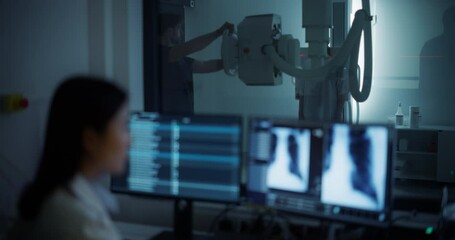 Aufkleber - Male Nurse Helping a Female Patient to Stand in Front of an Advanced X-ray Machine Before a Radiology Procedure. Female Medical Professional Looking at Detailed Body Scans on a Computer Screen