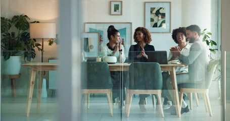 Poster - Laptop, planning and business people in meeting with high five, applause and happy collaboration. Success, celebration and team in office with winning ideas, achievement or support at digital agency