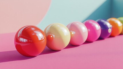Poster - A stunning collection of glossy spheres lined up in a rainbow of colors showcases their reflective surfaces against a colorful backdrop. The setting radiates a cheerful and playful vibe