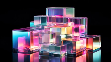 Poster - Captivating 3D Render of Stacked Translucent Geometric Shapes with Colorful Lighting Effects