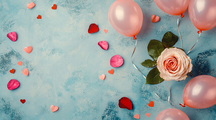 Wall Mural - rose flowers and balloons on table top view with space for text