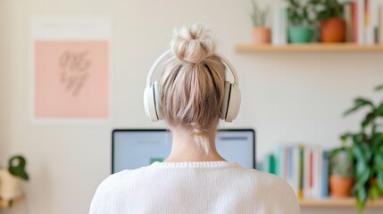 Poster - Modern Online Learning Student Engaged in Virtual Class with Headphones