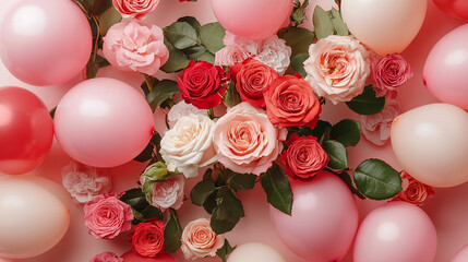 Wall Mural - rose flowers and pink balloons on table top view