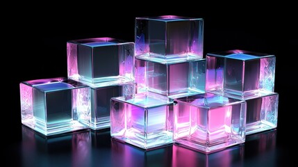 Poster - Captivating 3D Render of Stacked Translucent Geometric Crystal Cubes with Colorful Lighting
